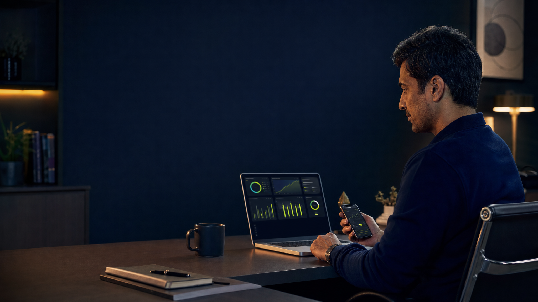 Health-conscious Indian professional reviewing a health dashboard